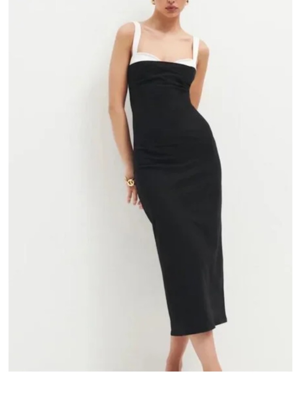 Reformation Black Strapless Midi Dress with White Trim